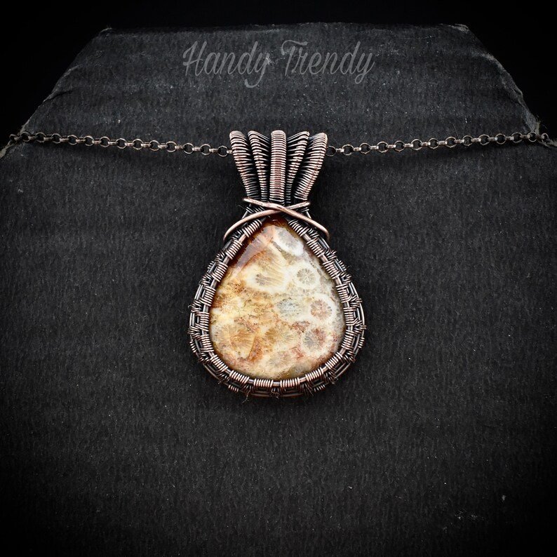 Fossil coral pendant, Triple layer bail pendant, Copper wire wrapped jewelry, Unique handmade Gift, One of a kind artisan jewelry