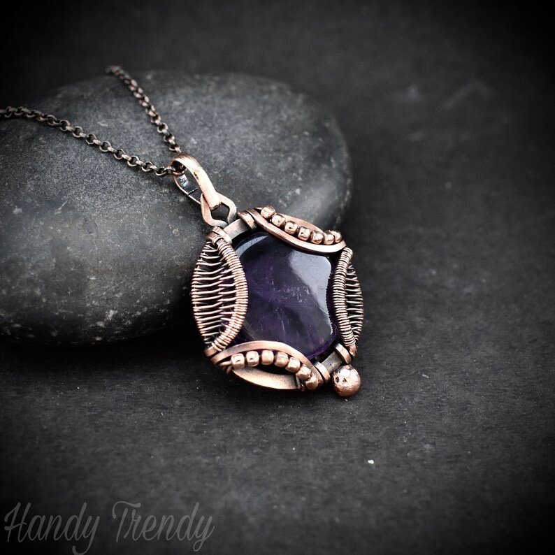 Star amethyst necklace, Wavy prong pendant, Copper wire wrapped jewelry, Unique handmade gift, One of a kind artisan boho style