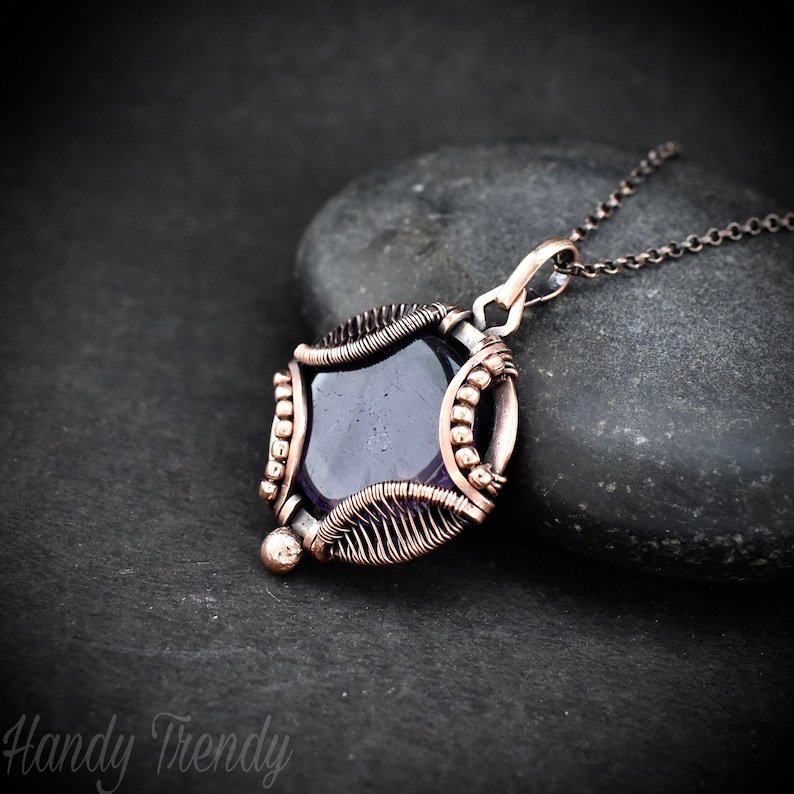Star amethyst necklace, Wavy prong pendant, Copper wire wrapped jewelry, Unique handmade gift, One of a kind artisan boho style