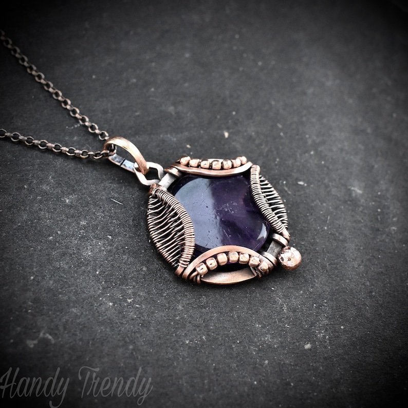 Star amethyst necklace, Wavy prong pendant, Copper wire wrapped jewelry, Unique handmade gift, One of a kind artisan boho style