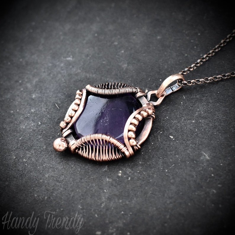 Star amethyst necklace, Wavy prong pendant, Copper wire wrapped jewelry, Unique handmade gift, One of a kind artisan boho style