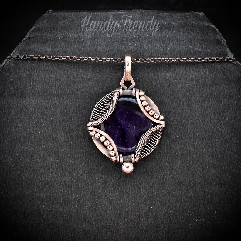Star amethyst necklace, Wavy prong pendant, Copper wire wrapped jewelry, Unique handmade gift, One of a kind artisan boho style
