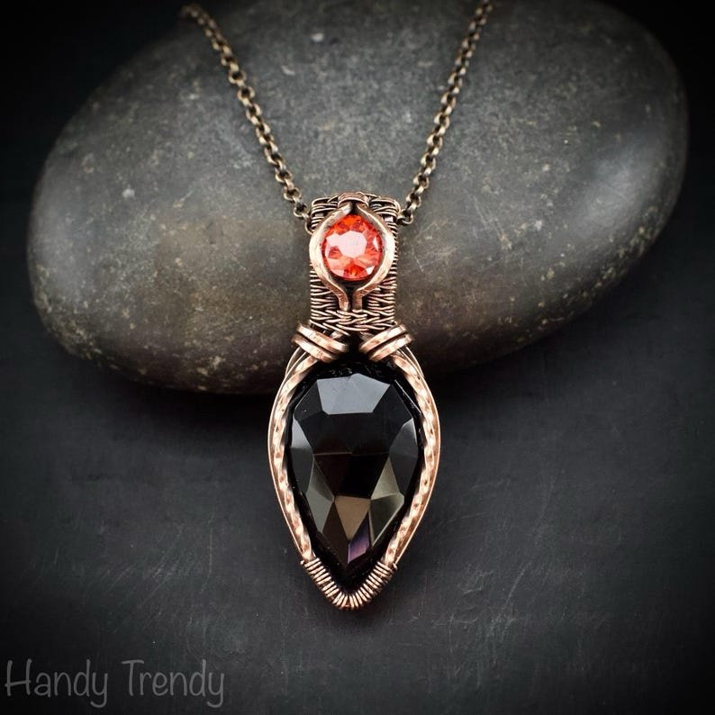 Black onyx and red cubic zirconia pendant, Free-Flow copper wire wrapped necklace, Unique handmade gift, One of a kind pendant
