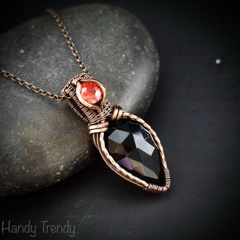 Black onyx and red cubic zirconia pendant, Free-Flow copper wire wrapped necklace, Unique handmade gift, One of a kind pendant