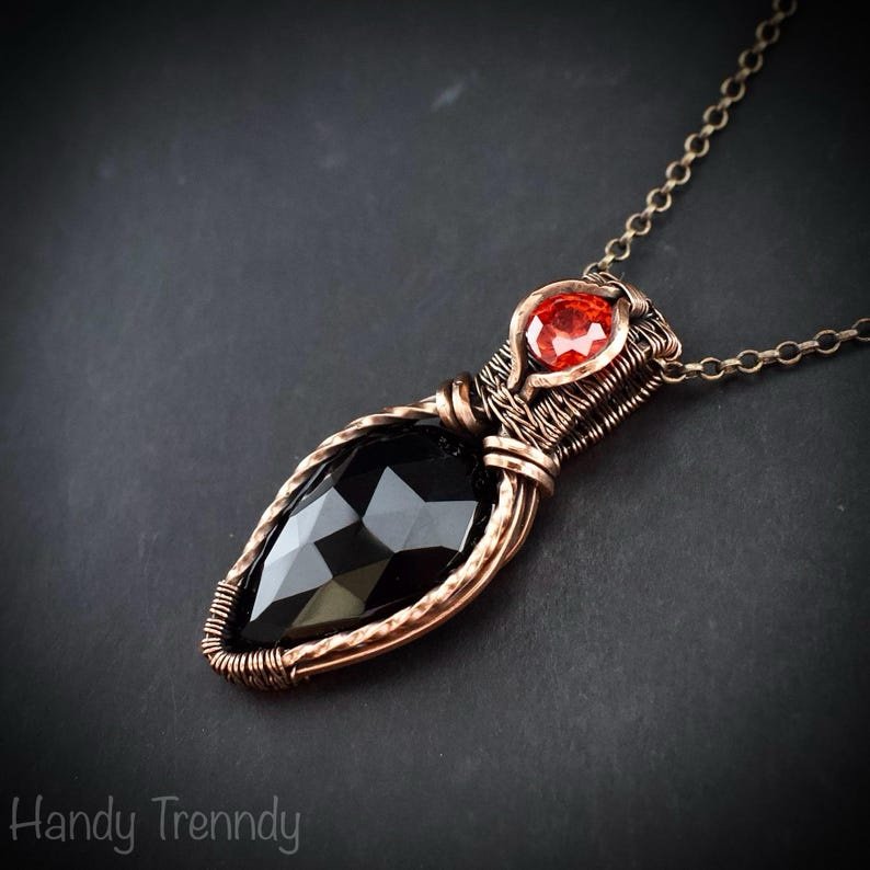 Black onyx and red cubic zirconia pendant, Free-Flow copper wire wrapped necklace, Unique handmade gift, One of a kind pendant