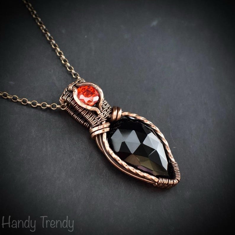 Black onyx and red cubic zirconia pendant, Free-Flow copper wire wrapped necklace, Unique handmade gift, One of a kind pendant