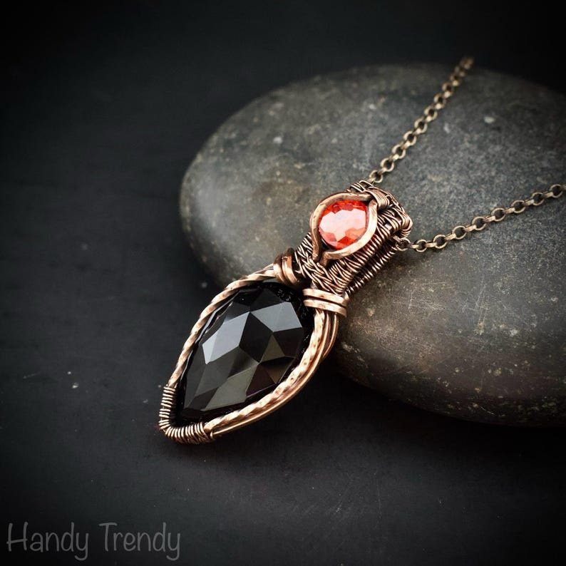 Black onyx and red cubic zirconia pendant, Free-Flow copper wire wrapped necklace, Unique handmade gift, One of a kind pendant