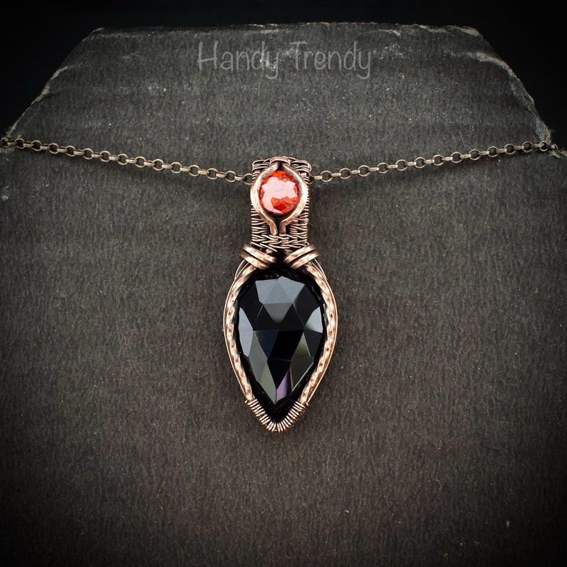 Black onyx and red cubic zirconia pendant, Free-Flow copper wire wrapped necklace, Unique handmade gift, One of a kind pendant
