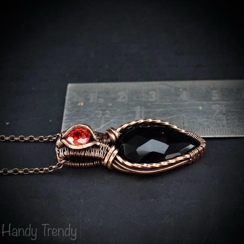 Black onyx and red cubic zirconia pendant, Free-Flow copper wire wrapped necklace, Unique handmade gift, One of a kind pendant
