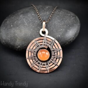 Sun pendant, Carnelian copper wire wrap jewelry, Celtic spiral necklace, Unique handmade gift, One of a kind Artisan boho jeweley