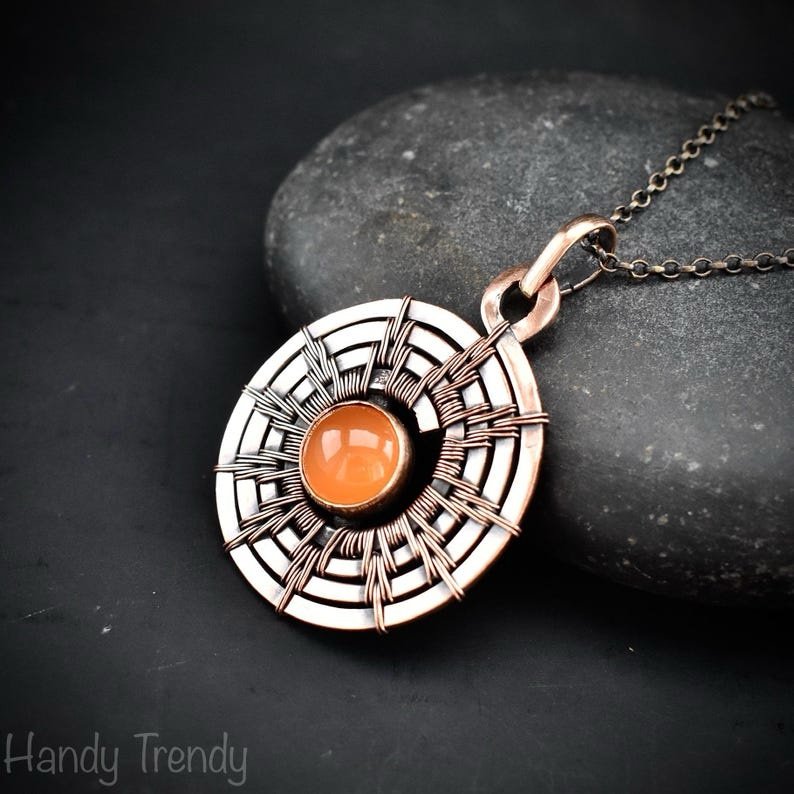 Sun pendant, Carnelian copper wire wrap jewelry, Celtic spiral necklace, Unique handmade gift, One of a kind Artisan boho jeweley