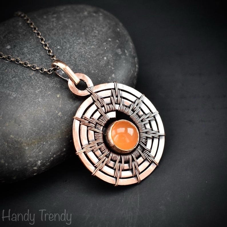 Sun pendant, Carnelian copper wire wrap jewelry, Celtic spiral necklace, Unique handmade gift, One of a kind Artisan boho jeweley