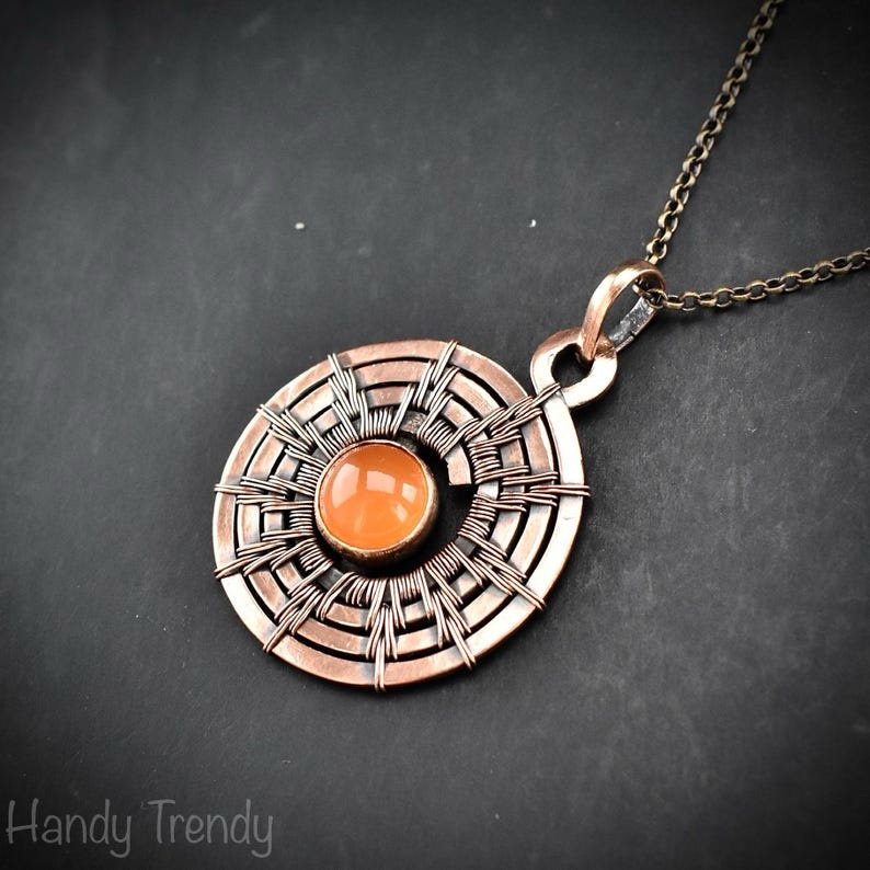 Sun pendant, Carnelian copper wire wrap jewelry, Celtic spiral necklace, Unique handmade gift, One of a kind Artisan boho jeweley