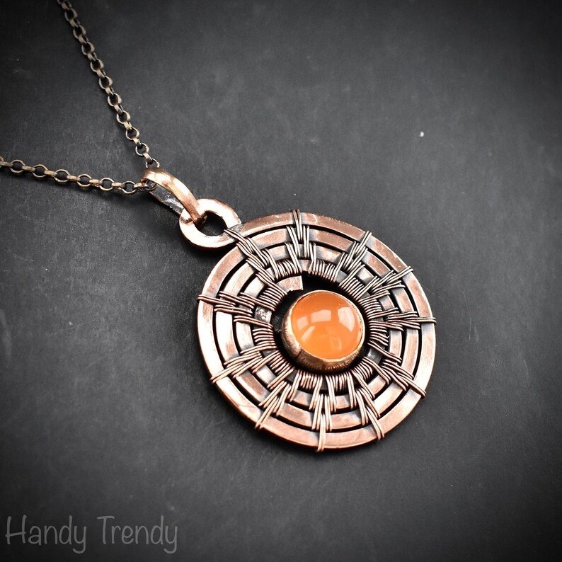 Sun pendant, Carnelian copper wire wrap jewelry, Celtic spiral necklace, Unique handmade gift, One of a kind Artisan boho jeweley