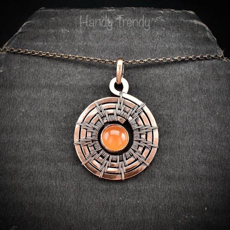 Sun pendant, Carnelian copper wire wrap jewelry, Celtic spiral necklace, Unique handmade gift, One of a kind Artisan boho jeweley
