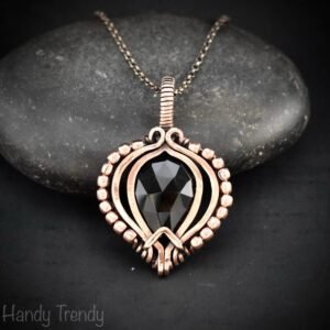 Black onyx beaded pendant, Free-Flow copper wire wrapped necklace, Unique handmade gift, One of a kind artisan boho jewelry