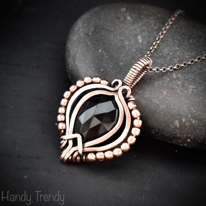 Black onyx beaded pendant, Free-Flow copper wire wrapped necklace, Unique handmade gift, One of a kind artisan boho jewelry