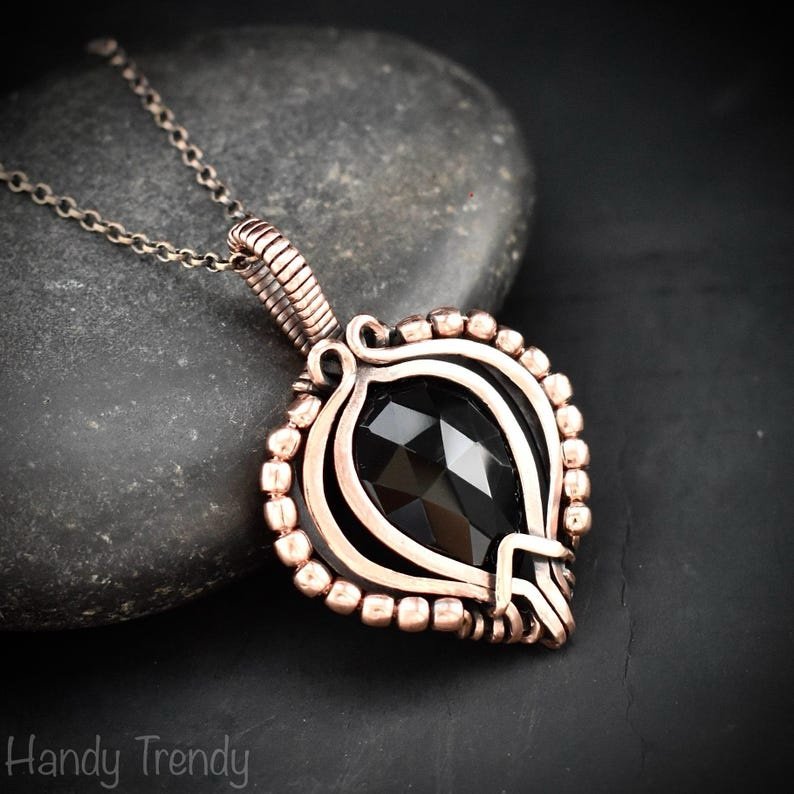 Black onyx beaded pendant, Free-Flow copper wire wrapped necklace, Unique handmade gift, One of a kind artisan boho jewelry