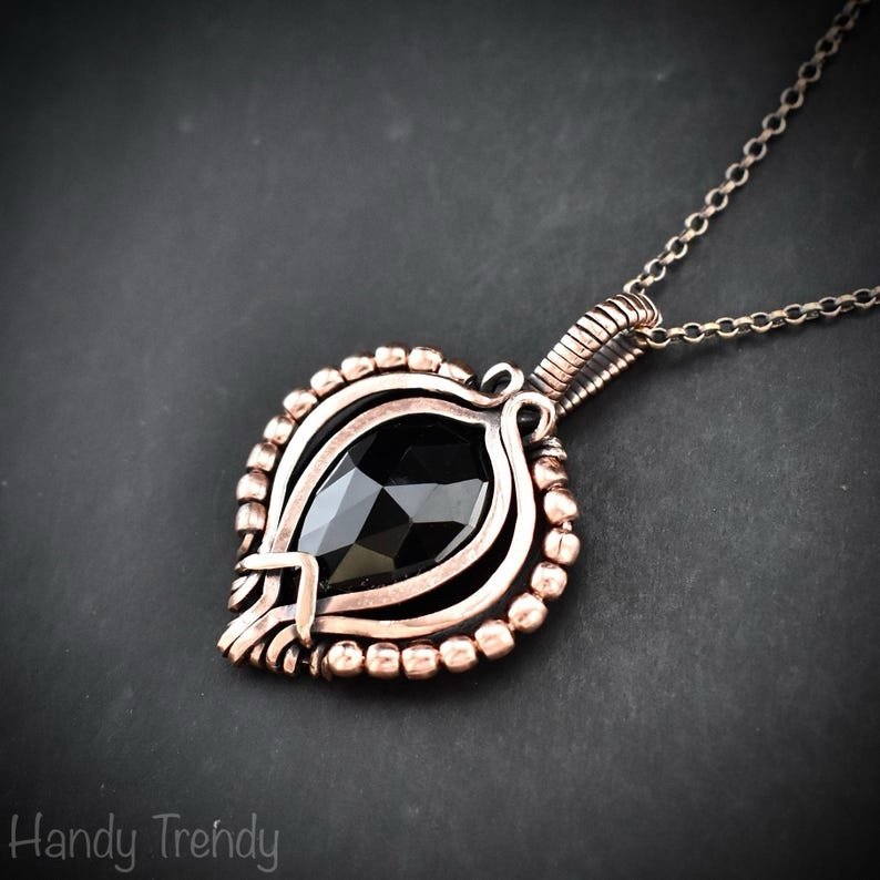 Black onyx beaded pendant, Free-Flow copper wire wrapped necklace, Unique handmade gift, One of a kind artisan boho jewelry