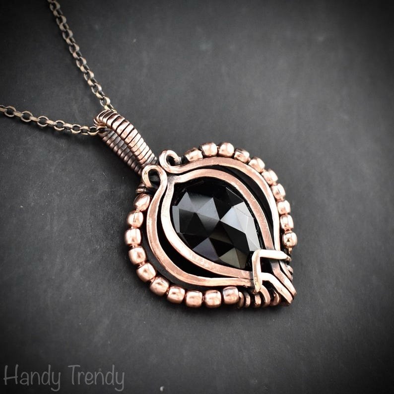 Black onyx beaded pendant, Free-Flow copper wire wrapped necklace, Unique handmade gift, One of a kind artisan boho jewelry