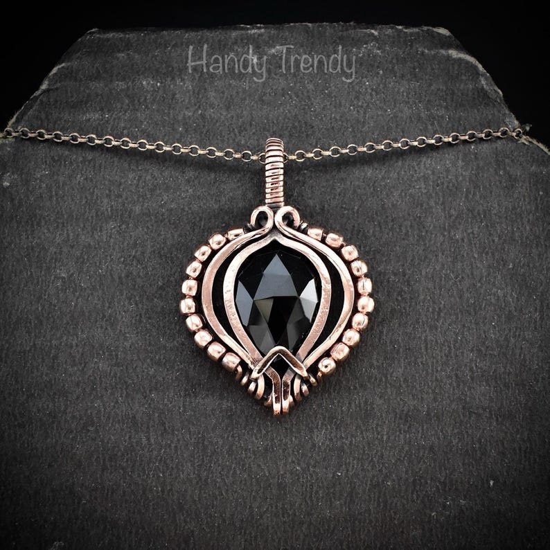 Black onyx beaded pendant, Free-Flow copper wire wrapped necklace, Unique handmade gift, One of a kind artisan boho jewelry
