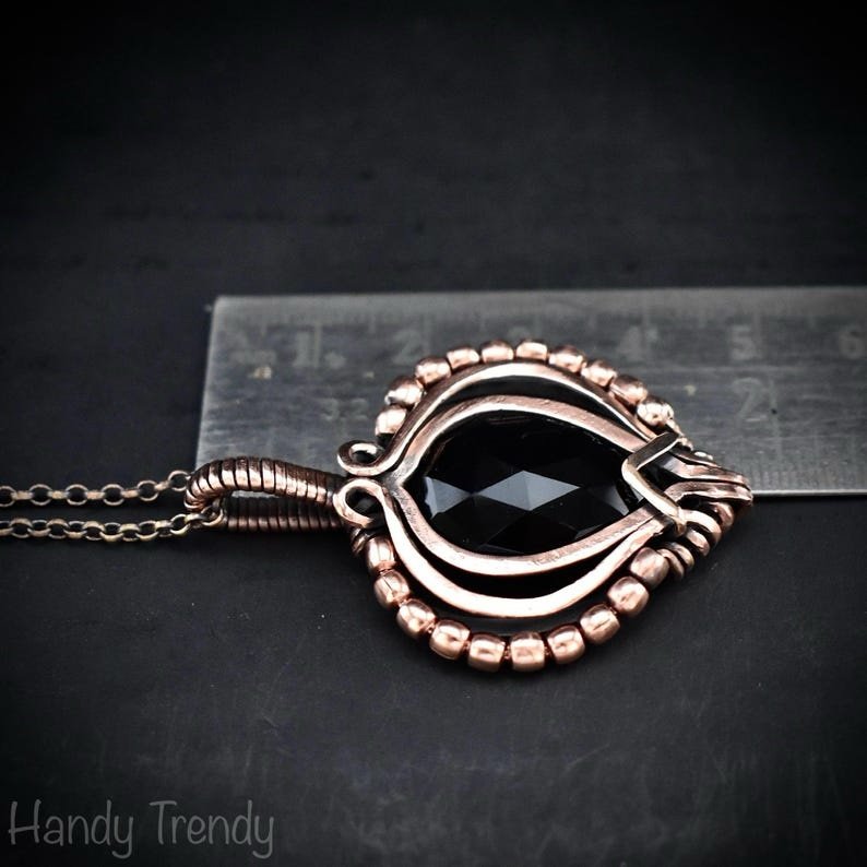Black onyx beaded pendant, Free-Flow copper wire wrapped necklace, Unique handmade gift, One of a kind artisan boho jewelry