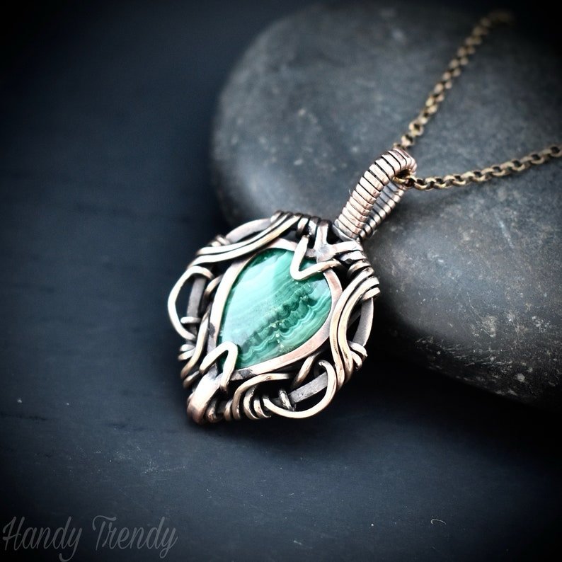 Malachite pendant, Free flow copper wire wrapped necklace, Unique handmade gift, One of a kind jewelry, Artisan boho jewelry