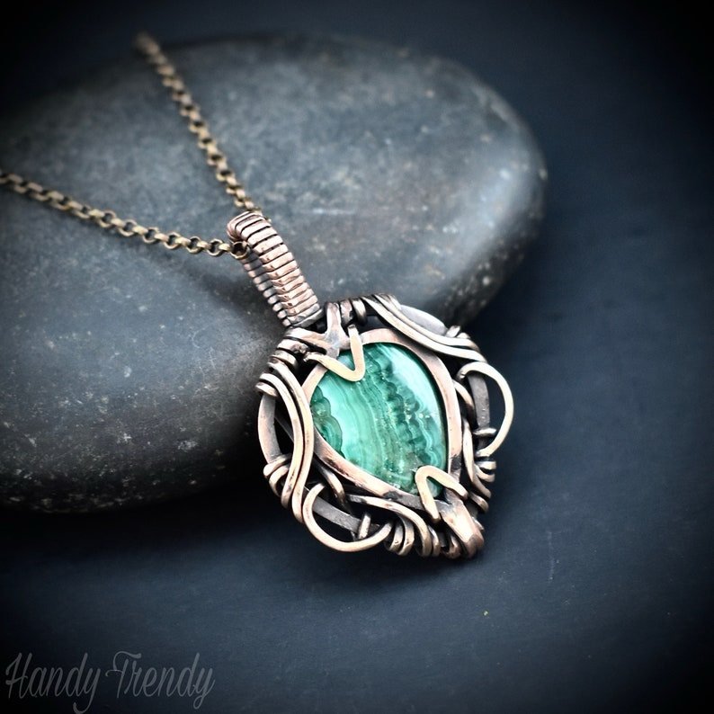 Malachite pendant, Free flow copper wire wrapped necklace, Unique handmade gift, One of a kind jewelry, Artisan boho jewelry