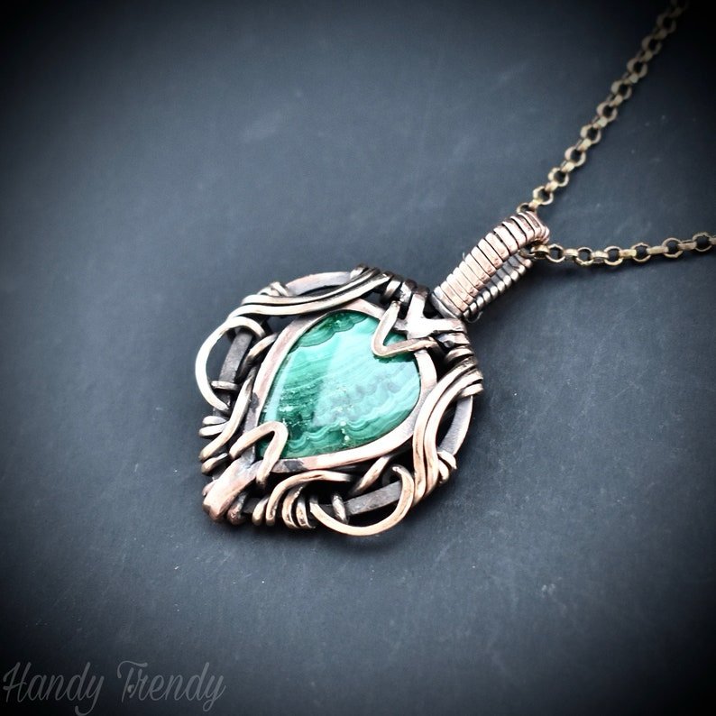 Malachite pendant, Free flow copper wire wrapped necklace, Unique handmade gift, One of a kind jewelry, Artisan boho jewelry