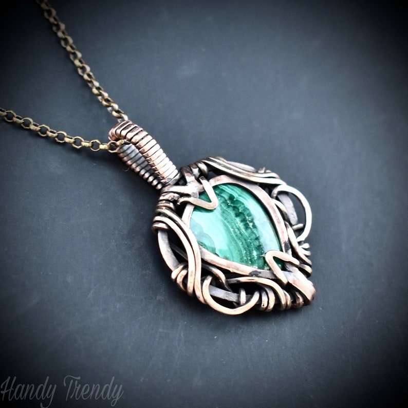 Malachite pendant, Free flow copper wire wrapped necklace, Unique handmade gift, One of a kind jewelry, Artisan boho jewelry