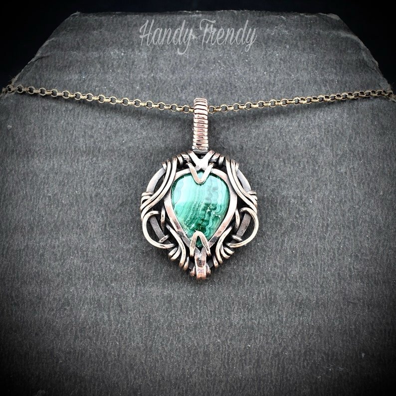 Malachite pendant, Free flow copper wire wrapped necklace, Unique handmade gift, One of a kind jewelry, Artisan boho jewelry