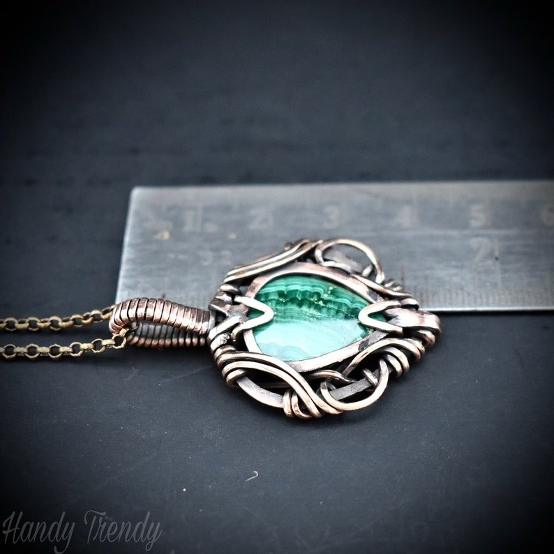 Malachite pendant, Free flow copper wire wrapped necklace, Unique handmade gift, One of a kind jewelry, Artisan boho jewelry