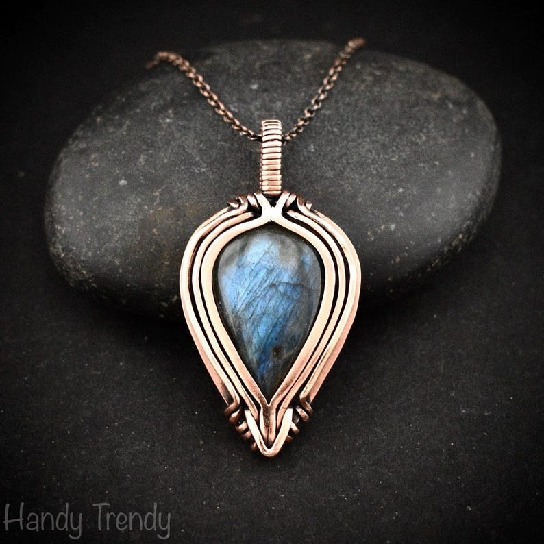 Blue labradorite pendant, Free flow copper Wire wrapped necklace, Unique handmade gift, One of a kind jewelry, Celtic necklace