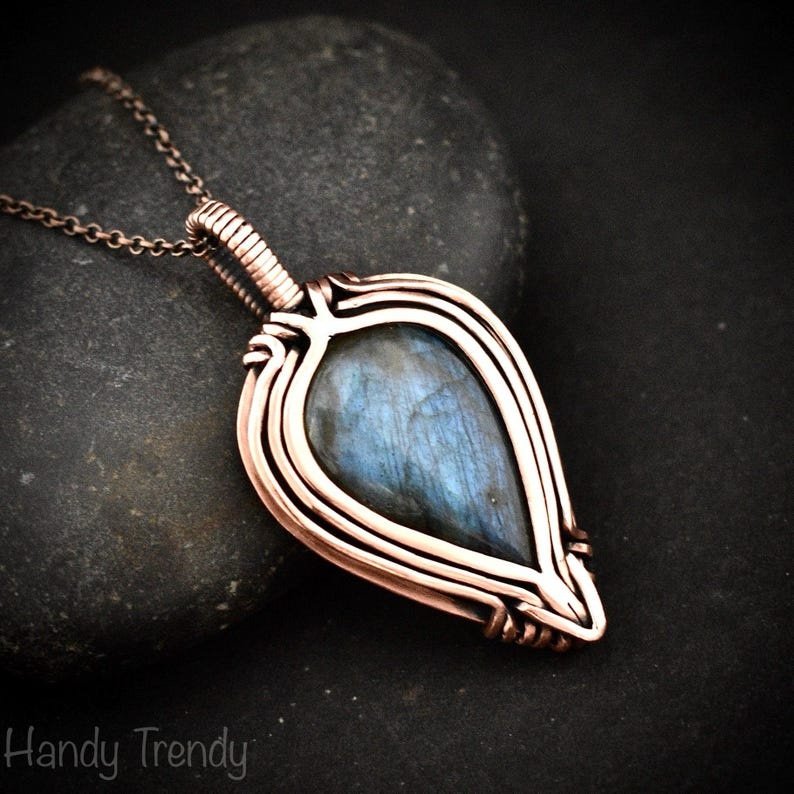 Blue labradorite pendant, Free flow copper Wire wrapped necklace, Unique handmade gift, One of a kind jewelry, Celtic necklace