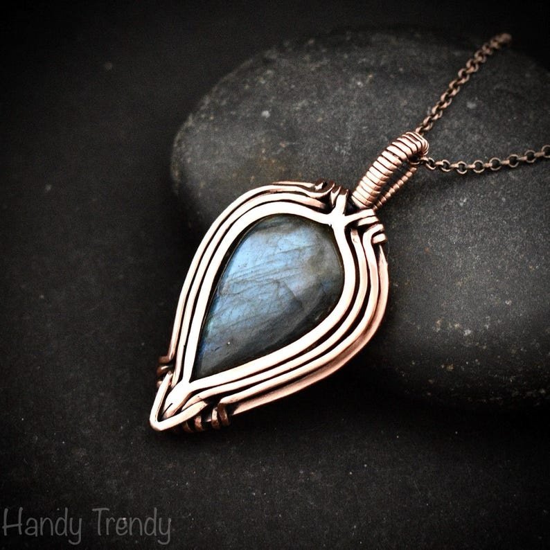 Blue labradorite pendant, Free flow copper Wire wrapped necklace, Unique handmade gift, One of a kind jewelry, Celtic necklace