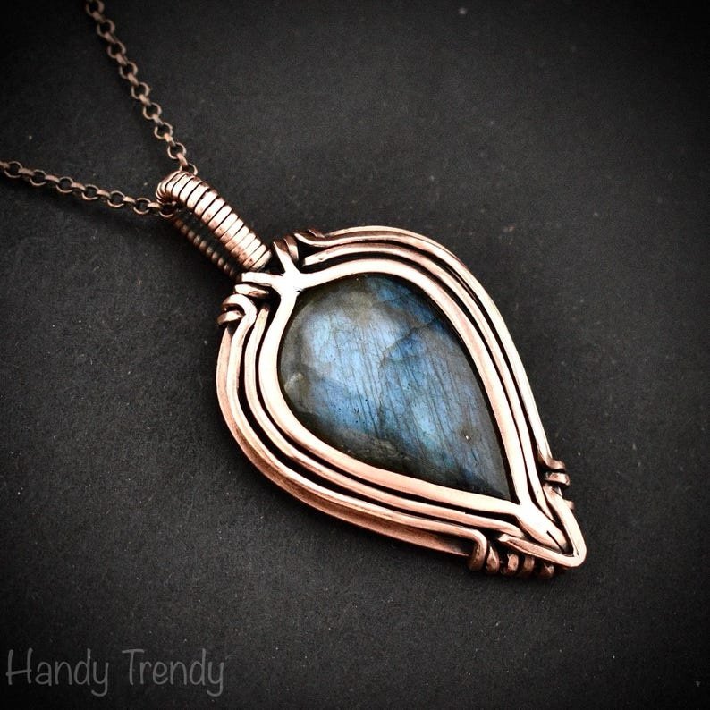 Blue labradorite pendant, Free flow copper Wire wrapped necklace, Unique handmade gift, One of a kind jewelry, Celtic necklace