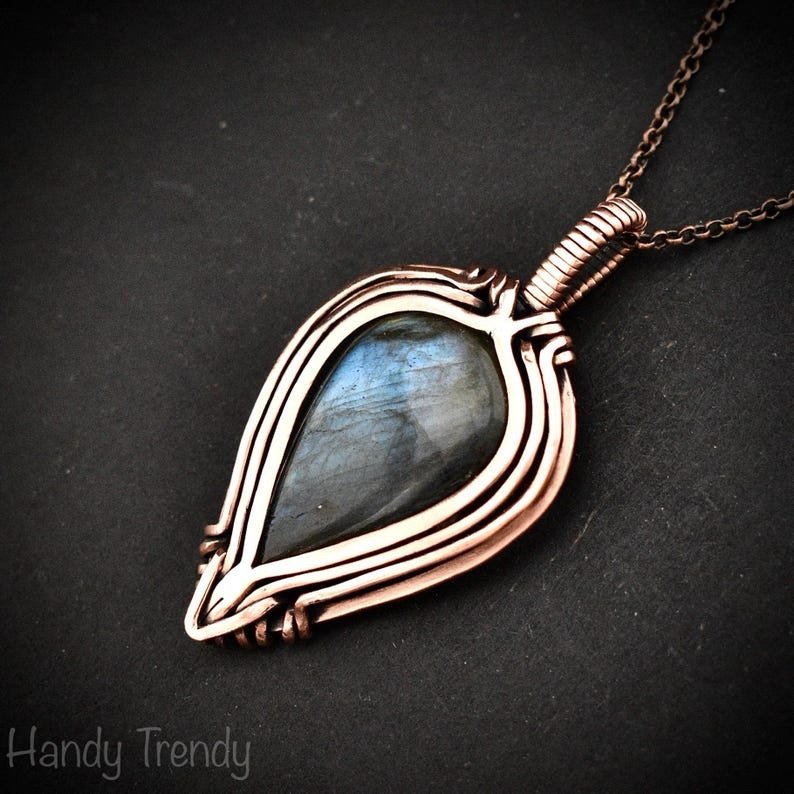 Blue labradorite pendant, Free flow copper Wire wrapped necklace, Unique handmade gift, One of a kind jewelry, Celtic necklace