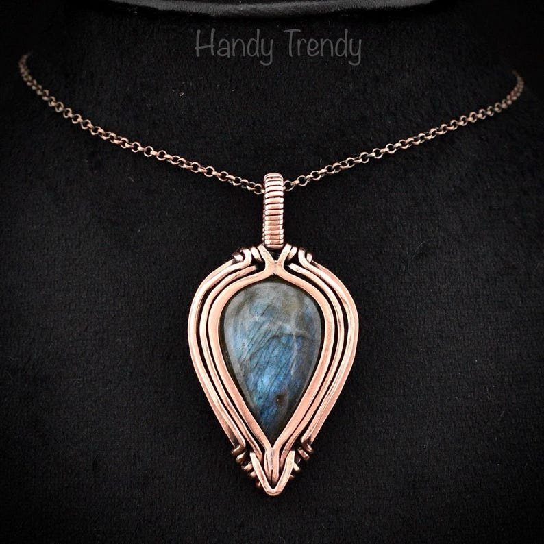 Blue labradorite pendant, Free flow copper Wire wrapped necklace, Unique handmade gift, One of a kind jewelry, Celtic necklace