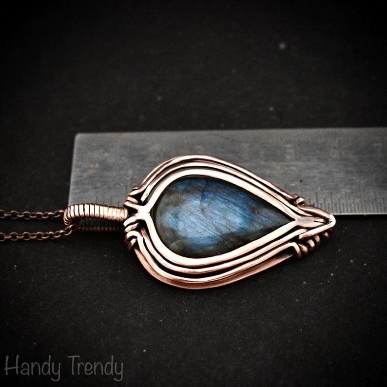 Blue labradorite pendant, Free flow copper Wire wrapped necklace, Unique handmade gift, One of a kind jewelry, Celtic necklace