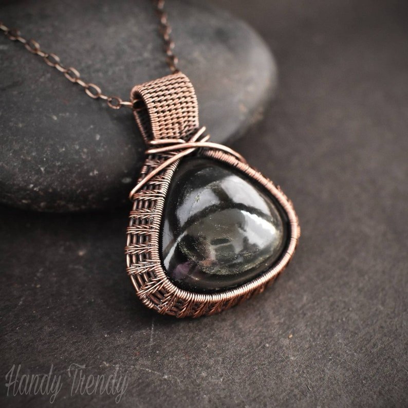 Obsidian pendant, Wire wrap jewelry, Copper necklace, Unique handmade gift, One of a kind artisan jewelry