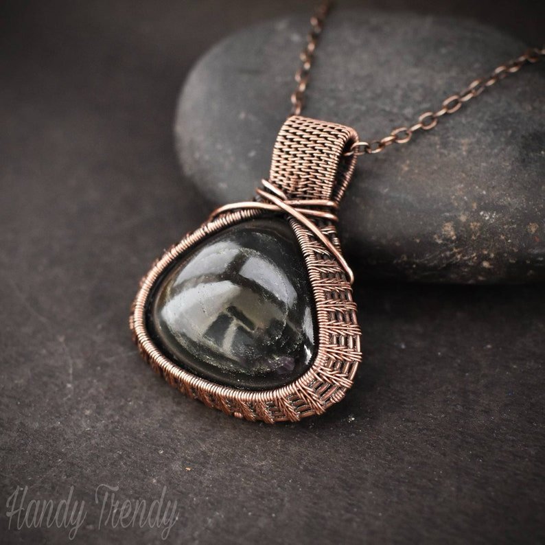 Obsidian pendant, Wire wrap jewelry, Copper necklace, Unique handmade gift, One of a kind artisan jewelry
