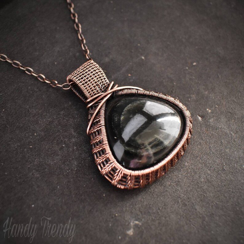 Obsidian pendant, Wire wrap jewelry, Copper necklace, Unique handmade gift, One of a kind artisan jewelry