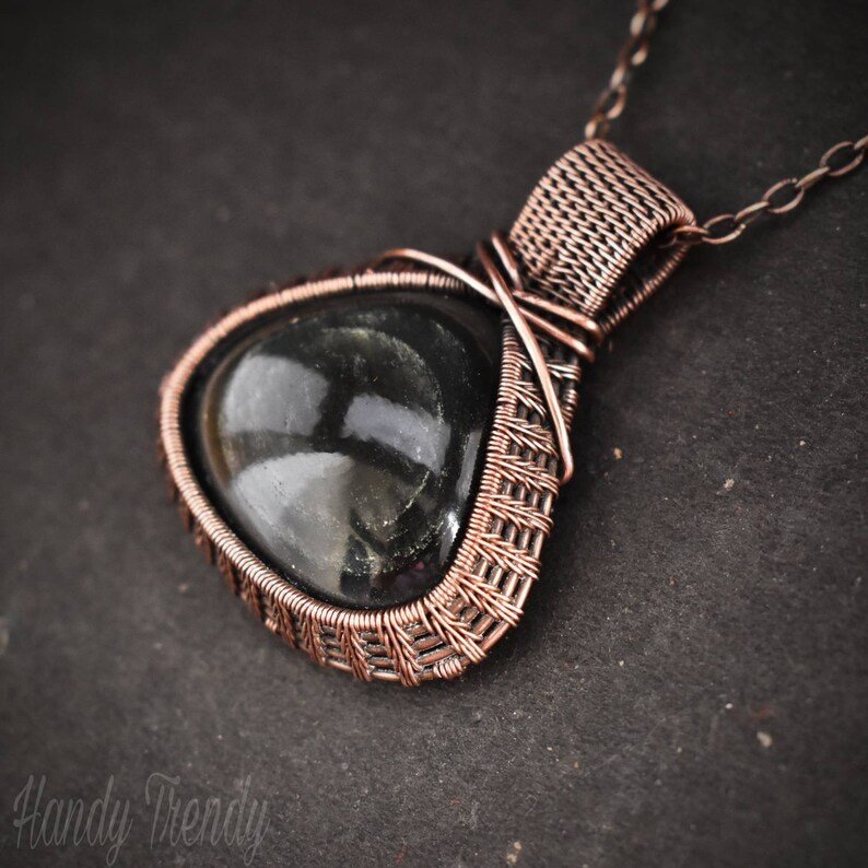 Obsidian pendant, Wire wrap jewelry, Copper necklace, Unique handmade gift, One of a kind artisan jewelry