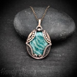 Amazonite necklace, Wavy prong pendant, Copper wire wrapped jewelry, Unique handmade gift, One of a kind artisan boho style