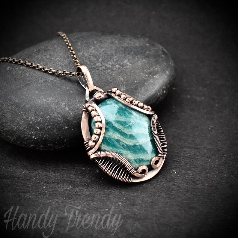 Amazonite necklace, Wavy prong pendant, Copper wire wrapped jewelry, Unique handmade gift, One of a kind artisan boho style