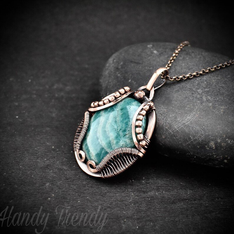 Amazonite necklace, Wavy prong pendant, Copper wire wrapped jewelry, Unique handmade gift, One of a kind artisan boho style