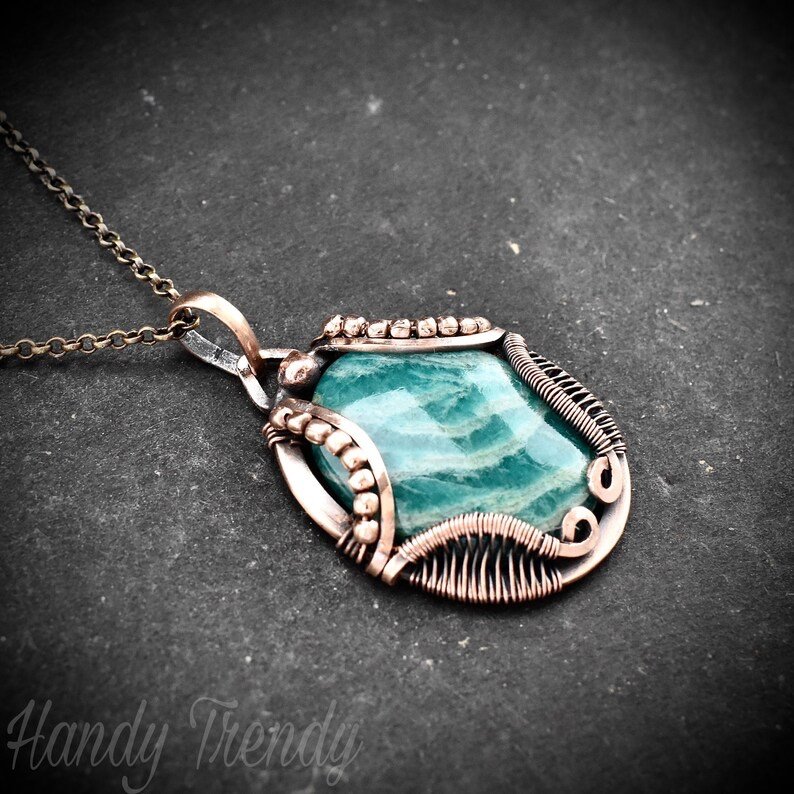 Amazonite necklace, Wavy prong pendant, Copper wire wrapped jewelry, Unique handmade gift, One of a kind artisan boho style