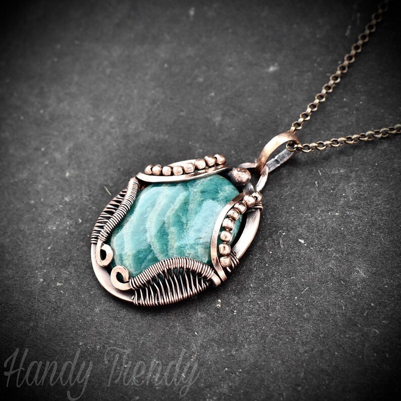 Amazonite necklace, Wavy prong pendant, Copper wire wrapped jewelry, Unique handmade gift, One of a kind artisan boho style