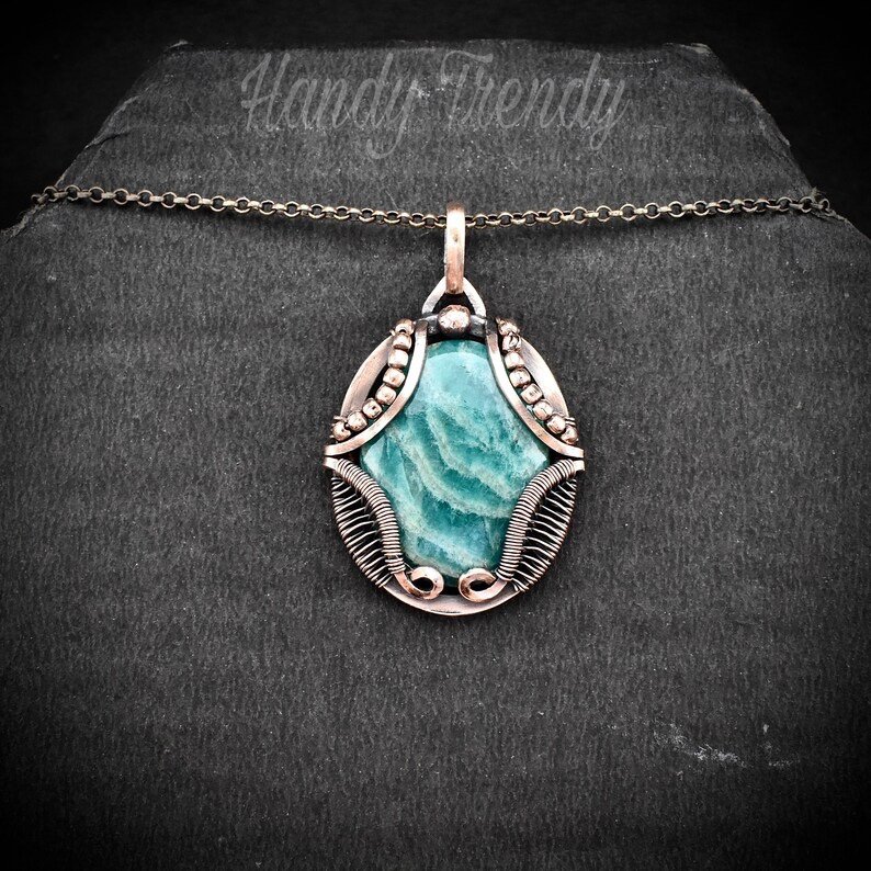 Amazonite necklace, Wavy prong pendant, Copper wire wrapped jewelry, Unique handmade gift, One of a kind artisan boho style