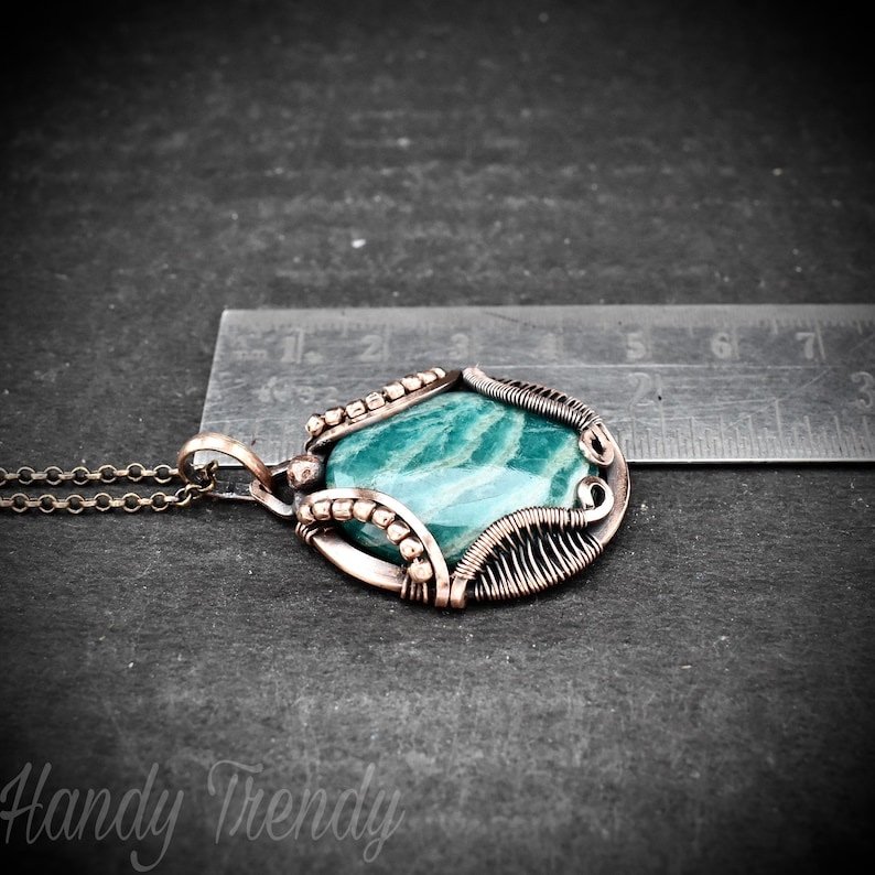 Amazonite necklace, Wavy prong pendant, Copper wire wrapped jewelry, Unique handmade gift, One of a kind artisan boho style